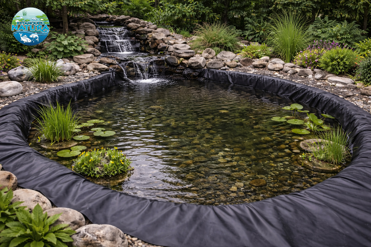 Estanque con lámina continua de EPDM, sin juntas.